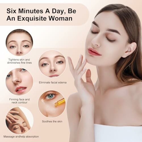 Woman practicing skincare with facial benefits listed.