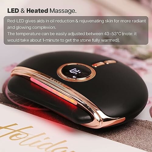 LED heated massage device with temperature adjustment feature