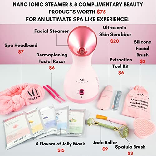 Nano Ionic Steamer with beauty products including facial steamer, headband, dermaplaning razor, skin scrubber, tools, brush, jelly masks, jade roller, and spatula brush.