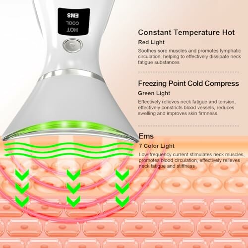 Skin care device using light therapy with descriptions of red, green, and multi-color light effects.